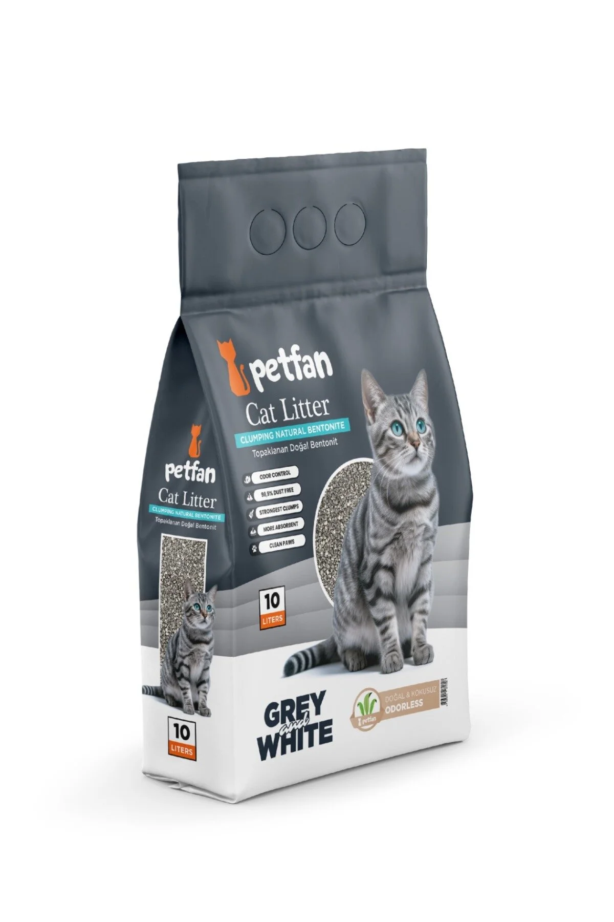 Petfan Grey&white Doğal Kokusuz Kedi Kumu 10 Lt