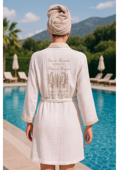 Baskılı Müslin Kimono Bornoz Unisex %100 Pamuk Yumuşacık 2 Katlı Doğal Kumaş - Ztmbb10 Bej