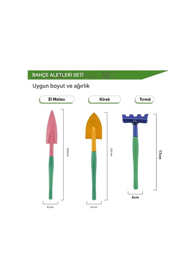 Küçük Hobi Set 3'lü Çapa Tırmık Metal Bahçe Tarla Çim Peyzaj Bitki Çiçek Ekme Toprak İşleme Küreği