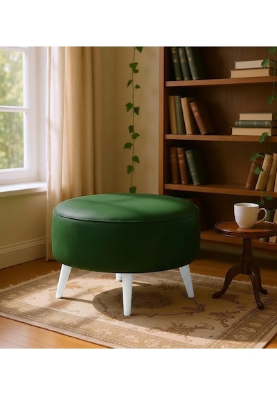Waterybrook Suni Deri Puf Large - Beyaz Ahşap Ayaklı - Retro Modern Tasarım - Dekoratif Sehpa Yeşil