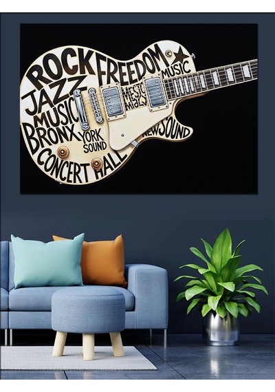 Gitar Şeklinde Yazılarla Rock Müzik Dekoratif Kanvas - Mdf Ahşap Tablo