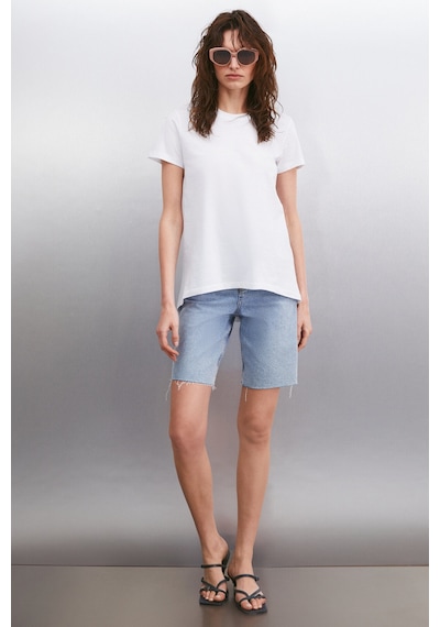 Grimelange Samantha Kadın %100 Organik Pamuklu Comfort Fit Arkası Uzun Basic Örme Beyaz T-shirt Beyaz