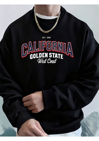 Startmore Startmorecalifornia Golden State Baskılı Erkek Kazak Kış Bisiklet Yaka Kapşonlu Sokak Polar Sıcak Gevş Siyah