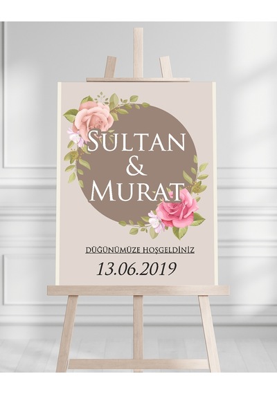 Söz Nişan Düğün İçin 50x70 Karşılama Panosu - Pastel Renkleri Çiçek Temalı Beyaz