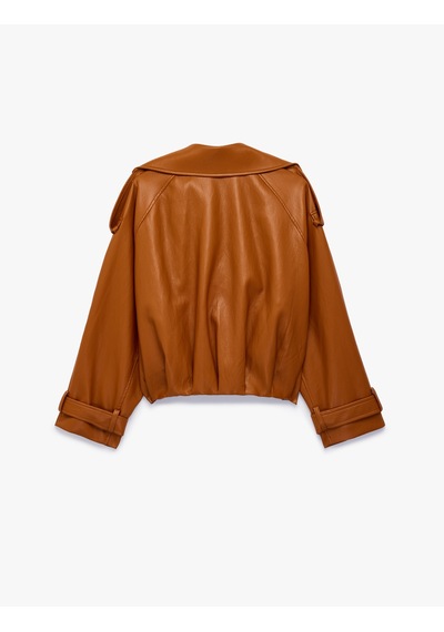 Koton Uzun Kollu Düğmeli Crop Oversize Suni Deri Kruvaze Yaka Bomber Ceket Kiremit 7wak20354ew Kahverengi