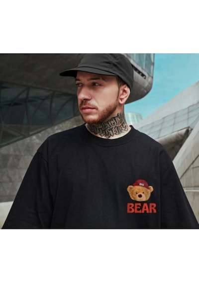 Startmore Erkek Siyah Danger Bear Baskılı Oversize Bisiklet Yaka T-shirt Siyah