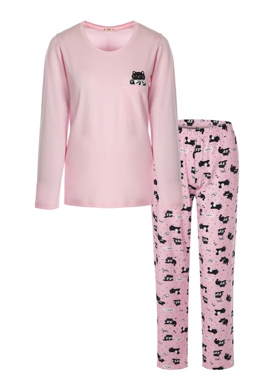 Koza İç Giyim Kadın Pamuklu Uzun Kollu Ön Baskı Ve Cep Detaylı Desenli Pijama Takımı Kk70658 Pembe