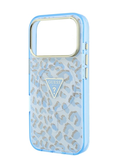 Apple iPhone Uyumlu 18 Pro Max Kılıf Guess  Lisanslı M-safeli Üçgen Logolu Simli Leopar Desenli Kapak Mavi