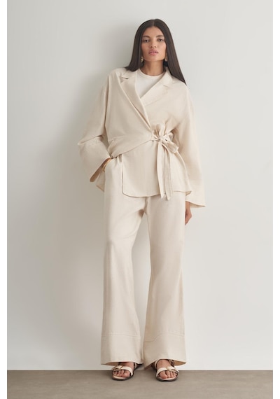 Mizalle Keten Karışımlı Anvelop Bağlı Bej Rengi Kimono Ceket Bej