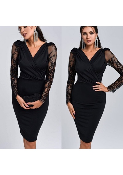 Moderie Butik Kadın Uzun Kollu Kruvaze Yaka Kollar Tül Detay Ithal Krep Mini Boy Elbise Siyah