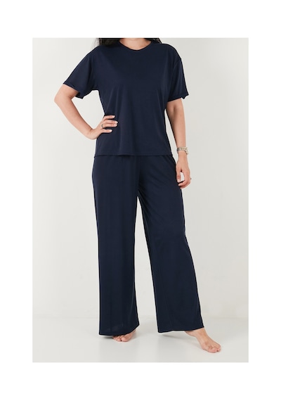 Lela Yumuşak Dokulu Bisiklet Yaka Lastikli Bel Kısa Kollu Pijama Takımı Bayan Pijama Takımı 65720102 Lacivert
