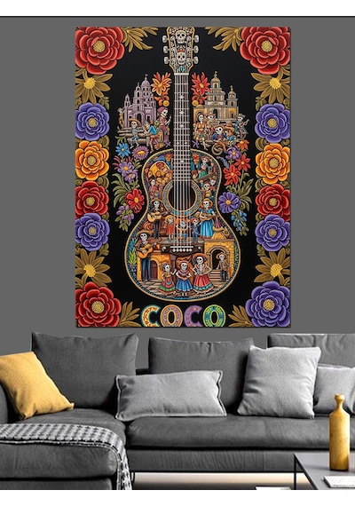 Ahşap Tablo Gitar Çiçekler Müzik Teması Dekoratif Tablolar