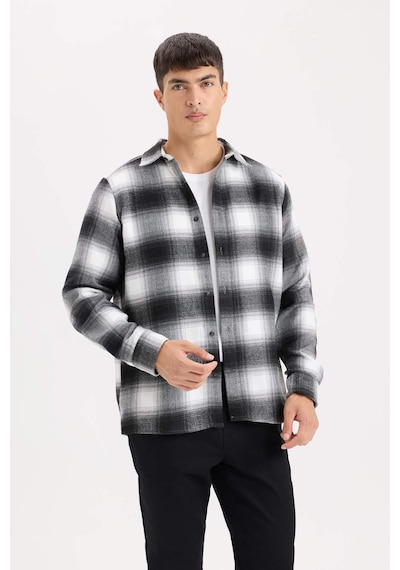 DeFacto Regular Fit Polo Yaka Kareli Flanel Uzun Kollu Gömlek D5835AX24AUBK81