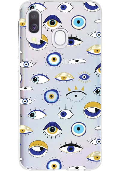 Samsung Galaxy A40 İle Uyumlu 1mm Slim Fit Nazar Boncuğu 2 Baskılı Şeffaf Kılıf Şeffaf