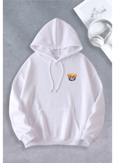 Nevermind Unisex Kadın Erkek Ayı Maskeli Oversize Sweatshirt Beyaz