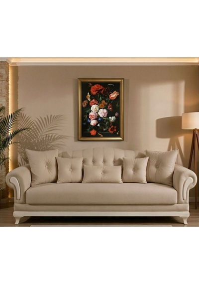 Vintage Gold Çerçeveli Barok Vazoda Çiçek Natürmort Kanvas Tablo Salon Duvar Dekoru 60x80 Cm