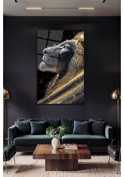 Altın Parıltılı Aslan Modern Parlak Cam Tablo Lüks 4mm Temperli Hayvan Figürlü Dekoratif Duvar Tablosu, Salon, Ofis Ve Çalışma Alanı Dekoru,