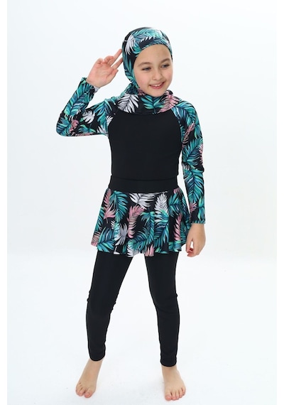 My Kids Wear Üç Parça Kız Çocuk Haşema, Tesettür, Etekli, Kapalı Mayo Mor - Lacivert