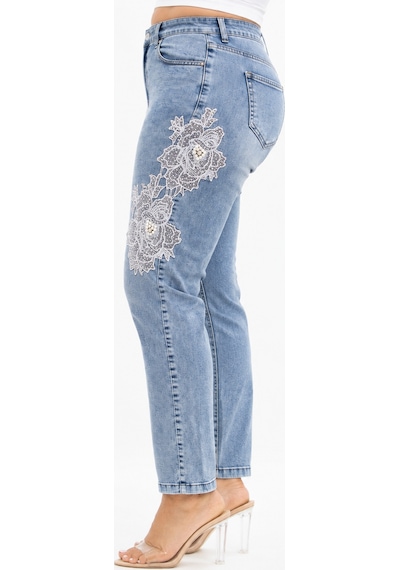 Trieste Büyük Beden Yüksek Bel Çiçek Dantel Ve İnci Detaylı Denim Kadın Pantolon Mavi