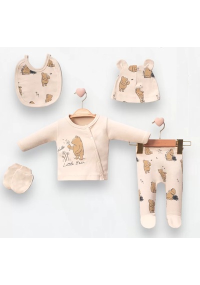 Mini Cayzen Little Bear Baskılı 5'li Bebek Hastane Çıkışı Yenidoğan Zıbın Set Krem