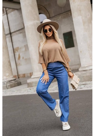 Ramımse Kadın Beli Lastikli Kot Görünümlü Pamuk Polyester Kumaş Pantolon Mavi