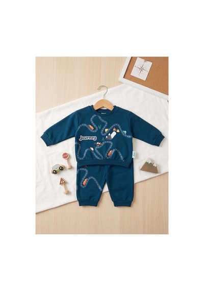 Deniva Kids Erkek Bebek Journey Yol Ve Araba Baskılı 2'li Sweatshirt Eşofman Takımı - 6 Ay Lacivert