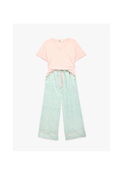 Koton V Yaka Kısa Kollu Çiçek Desenli Pijama Seti Çiçek Desenli 6slk50003mw Çok Renkli