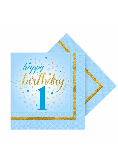 1 Yaş Doğum Günü Mavi Peçete Happy Birthday 1 Yazılı Gold Detaylı Parti Peçetesi 20 Adet