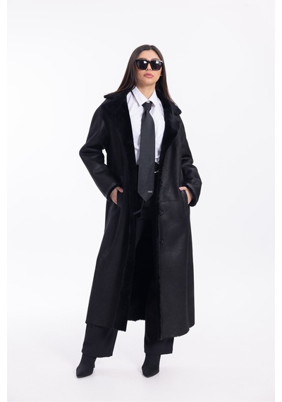 M M Marki Marki Kadın Siyah Hakiki Deri Oversize Palto İçi Kürklü Kuşaklı Premium 120 Cm - 121922