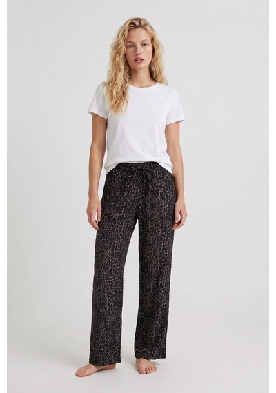 Aura Collections Kadın Sandy Kumaş Çatlak Desenli Geniş Paça Pijama Altı Beli İpli Lastikli Rahat Kesim Dökümlü Ev Giyim Pantolon Siyah