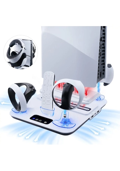 Ps5 Ps5 Slim Pro Vr2 Gözlük Uyumlu Konsol Soğutma Fanlı Standı Ve Oyun Kolu Şarj Istasyonu Beyaz