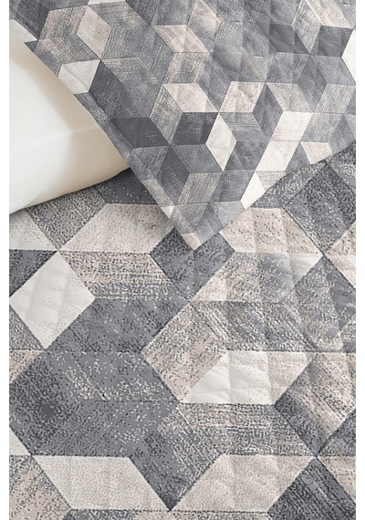 Gri Geometrik Modern Genç Odası Tek Kişilik Pike Takımı - Beyaz Küp 160x220 Cm Kapitone Yatak Örtüsü Altın