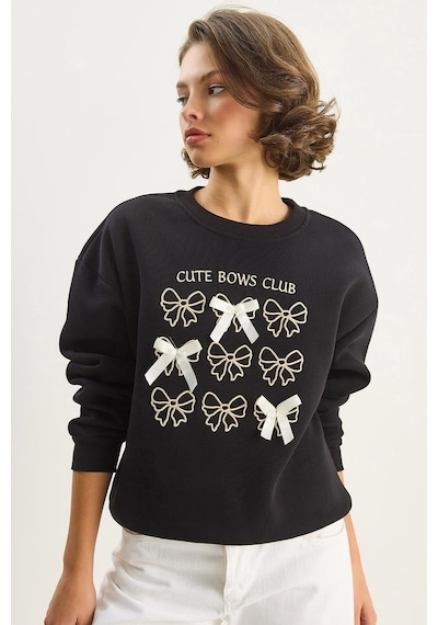 Shade Kadın Fiyonk Nakışlı Kurdele Aksesuarlı Üç İplik Şardonlu Sweatshirt 60601048 - Siyah