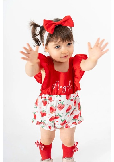Miniğimin Cicileri Meyve Desenli Bandanalı Romper Tulum - Kırmızı Kırmızı