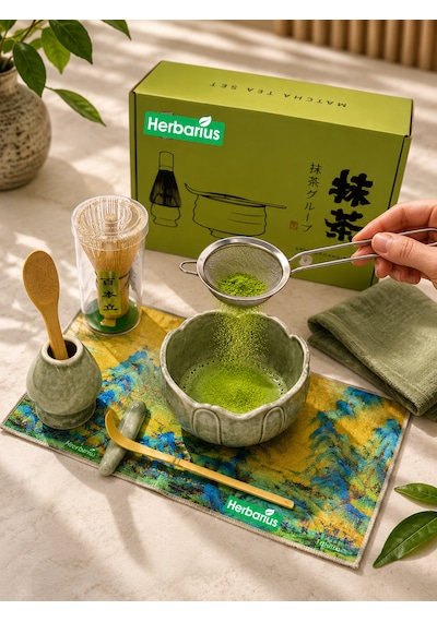 Herbarius 8 Parça Lotus Desenli Adaçayı Yeşili Renk Matcha Çayı Hazırlama Seti - Geleneksel Japon Matcha Seti