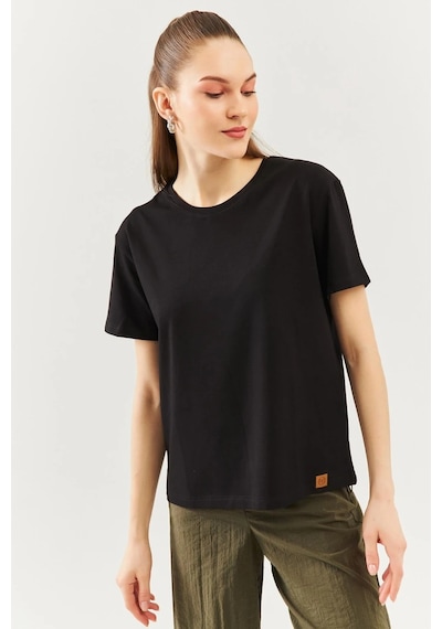 Kadın Rahat %100 Pamuklu Penye Bisiklet Yaka Kısa Kol Basic T-shirt SIYAH