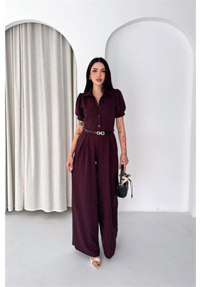 Neşeli Butik Kadın Bordo Kemer Detaylı Tam Boy Taşlı Gömlek Yaka Tulum Nbk4592