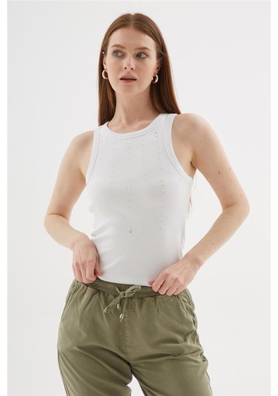 Taşlı Beyaz Kadın Kolsuz T-shirt 25y0505k1 Beyaz