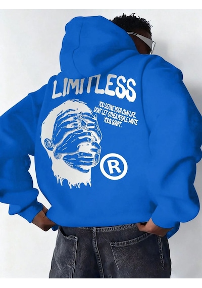 Premium Baskılı Kapşonlu Sweatshirt Üç İplik İçi Pamuklu Kanguru Cepli Double Oversize Rahat Kalıp Hoodie - Saks Mavi Saks Mavisi