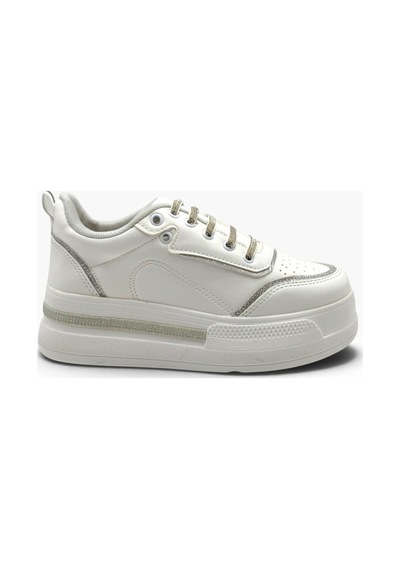 Flet 319-26 Cilt Deri Simli Gölgeli Anatomik Dolgu Taban Kadın Sneaker Beyaz