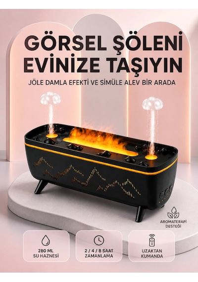 Dekoratif Siyah Hava Nemlendirici Jöle Damla Ve Alev Efektli Led Işıklı Aroma Difüzörü