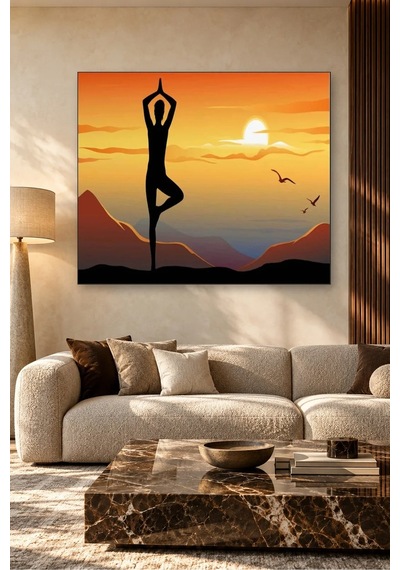 Fida Turuncu Gün Batımında Yoga Silueti Canvas Tablo Çok Renkli