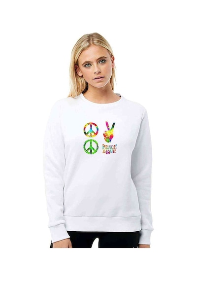 Peace Hippie Peace Set Of Pacifik Baskılı Beyaz Kadın Sweatshirt