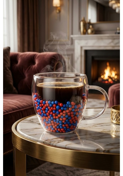 Makri Home Çift Cidarlı Bordo Mavi Cam Kupa 250 Ml Isıya Dayanıklı Çok Renkli