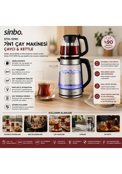 2'si 1 Arada Elektrikli Çay Makinesi Ve Kettle 2l+1.2l Çelik