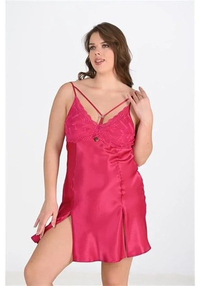 Ang Butik Kadın Premium Büyük Beden Saten Dantel İşlemeli Vişne 2'li Gecelik Sabahlık Takımı Bigsize