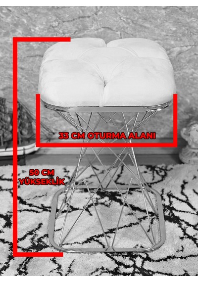 Zafir Kare Krom Kaplama Gri Puf & Bench - Puf Oturak - Bench - Ayak Ucu Oturak - Tabure - Makyaj Oturak Gri