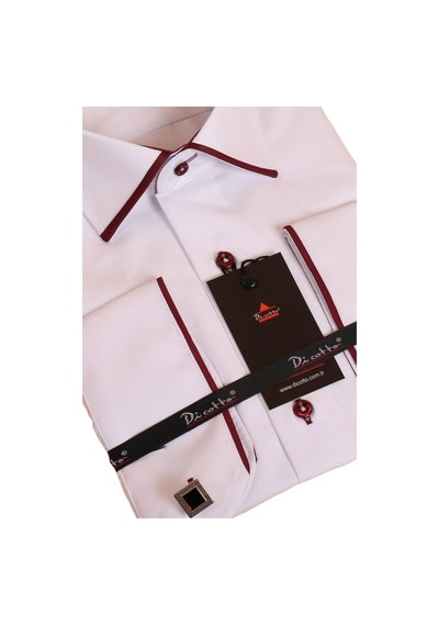 Dicotto Beyaz Bordo Bieli Yaka Dar Kesim Micro Kumaş Kol Düğmeli Slim Fit Erkek Gömlek - 216-3 001