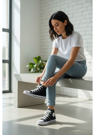 Enoch Kadın Boğazlı Bilekli Canvas Ve Bez Bağcıklı Rahat Günlük Sneaker Spor Ayakkabı Siyah Beyaz