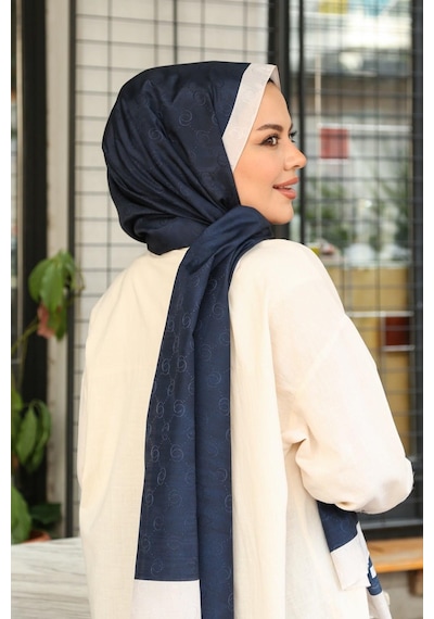 Premium Lux Original Monogram Şal İpek Vual, Yüksek Kalite, Hafif, Rahat, Şık, Tesettür, Shawl Lacivert - Krem